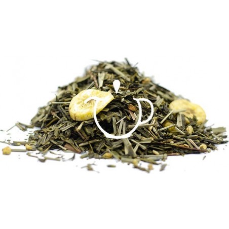 Détail morceaux de banane baies de goji et lavande Thé Vert Fruité Banane Goji