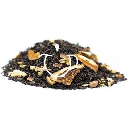 Détail morceaux de chocolat écorces d'orange et cacao Thé Noir Chocolat Orange