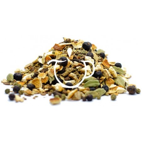 Détail écorces d'orange baies de genièvre cannelle poivre vert Infusion Ayurvédique