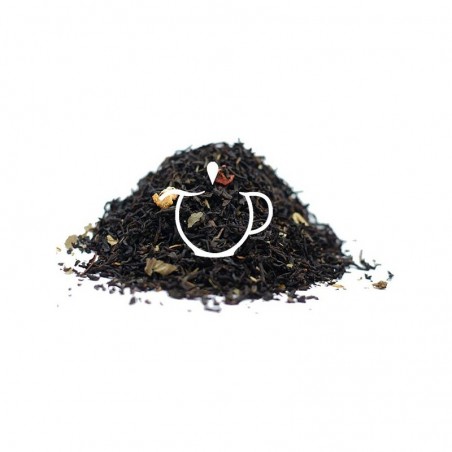 Détail noix de coco râpée et morceaux de fraise Thé Noir Fraise Coco